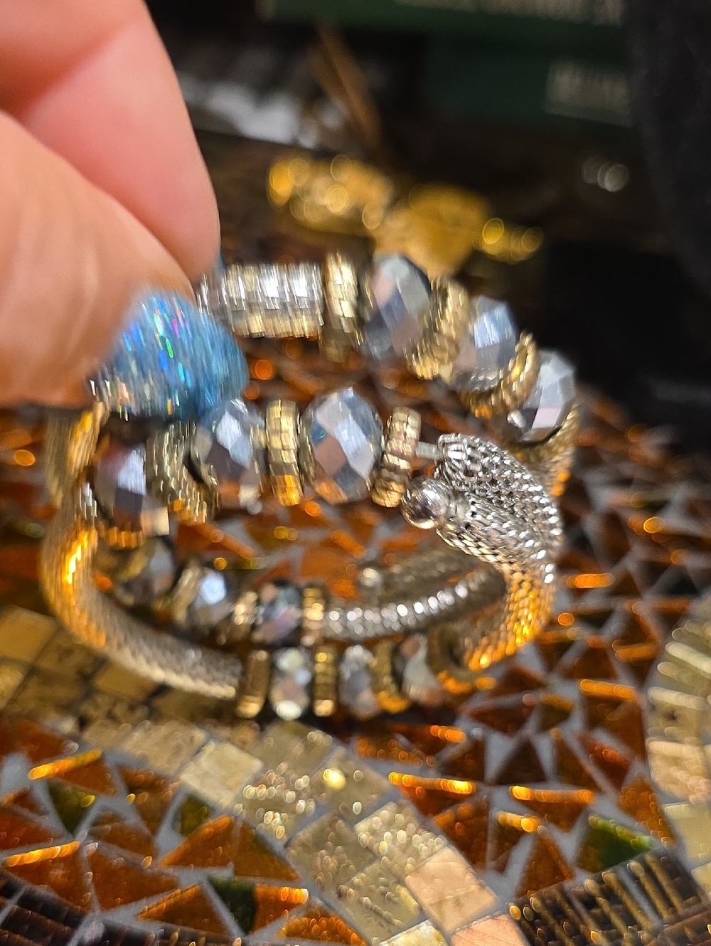 Source Unknown Silver-Tone Snake Head Wrap Bracelet with Faceted Gray Beads